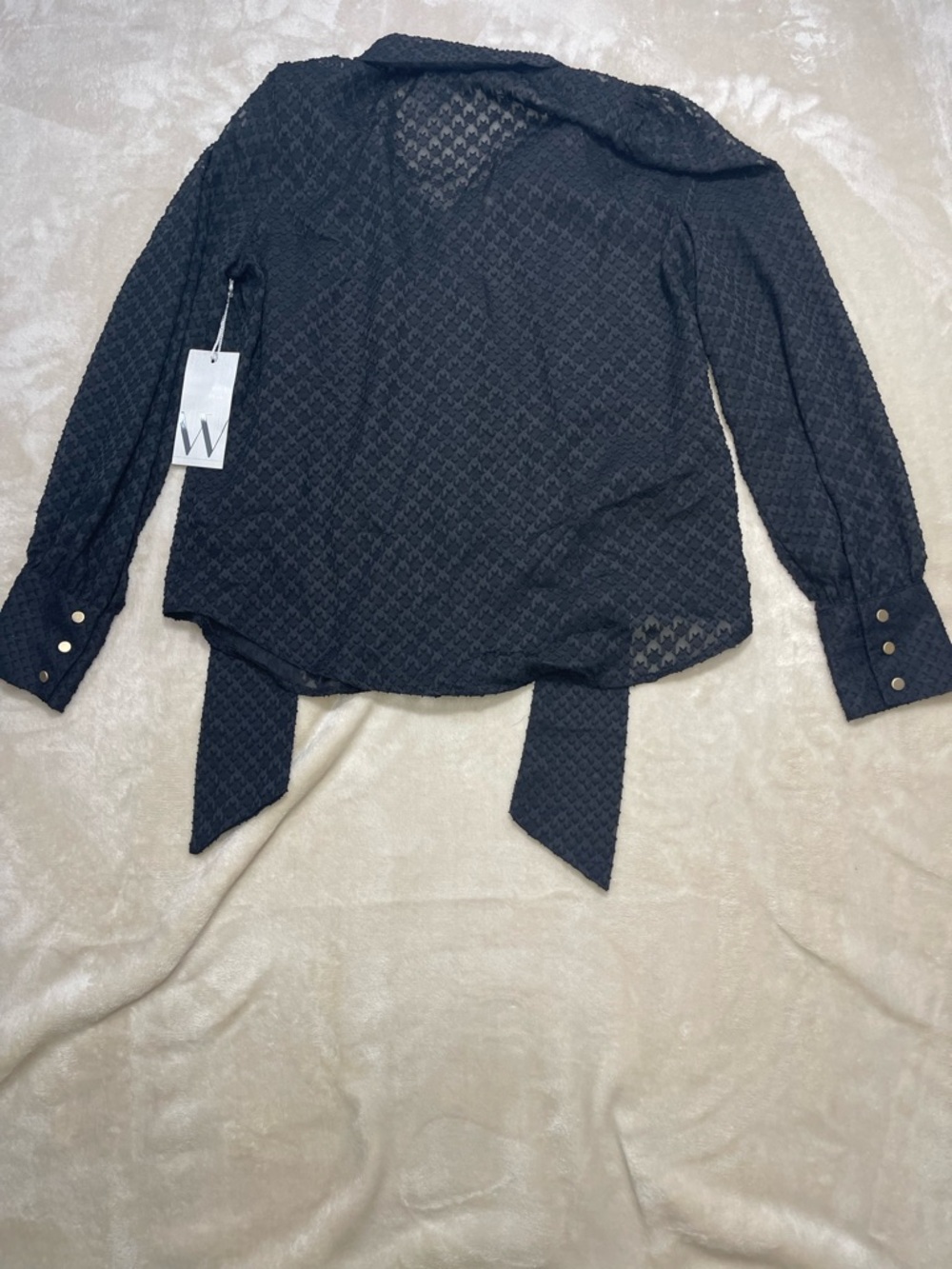 Worthington Petite Black Sheer Blouse Tie Front Textured Button Top PS NWT - Picture 2 of 7
